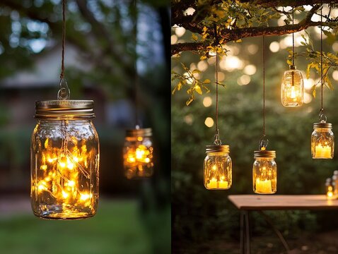 A series of mason jars hanging from a tree with lights inside