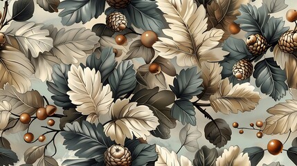 Seamless autumn botanical wallpaper featuring hand-drawn vintage illustrations of falling leaves, acorns, and berries, soft earthy background, warm autumn tones, natural light, intricate details,