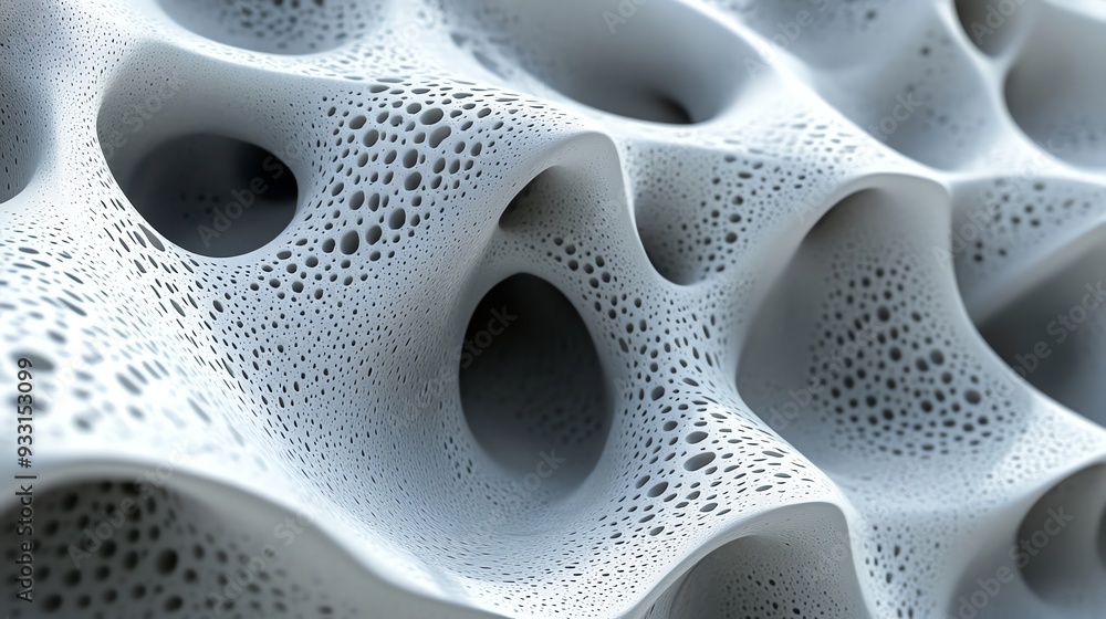 Fototapete a close-up view of a 3d rendering of a white, organic structure with holes.