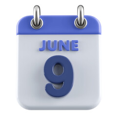 9th June Calendar Icon 3D Render