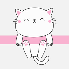 Cat hanging on a pink ribbon. Peeking white kitten. Paw print hands. Line contour silhouette. Cute cartoon character. Funny Kawaii pet animal. Hand drawn doodle. Flat design. White background. Vector