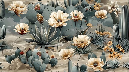 Seamless desert bloom wallpaper featuring hand-drawn vintage illustrations of cacti in bloom with vibrant flowers, soft sandy background, natural light, intricate details, seamless design, hd quality.