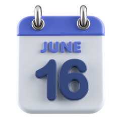 16th June Calendar Icon 3D Render