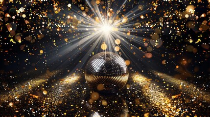 Golden disco party poster featuring a shimmering mirror ball and confetti