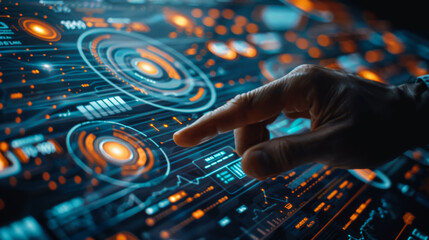 Business finance data analysis chart. Close-up of a hand touching a virtual technology screen. Financial management technology.