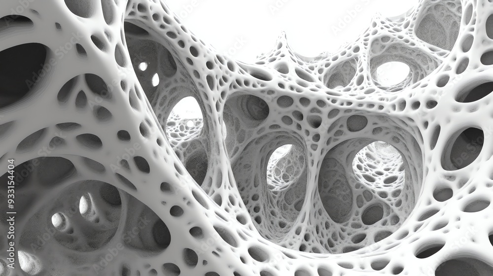 Fototapete an abstract 3d rendering of a white, organic structure with holes.