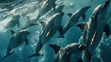 Obraz premium A group of dolphins submerges itself illustration generated by AI