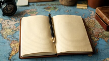 Vintage-style notebook showing world maps placed on an old map with a pen beside it
