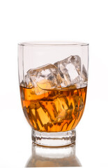 ice cube whiskey glass isolated on white background