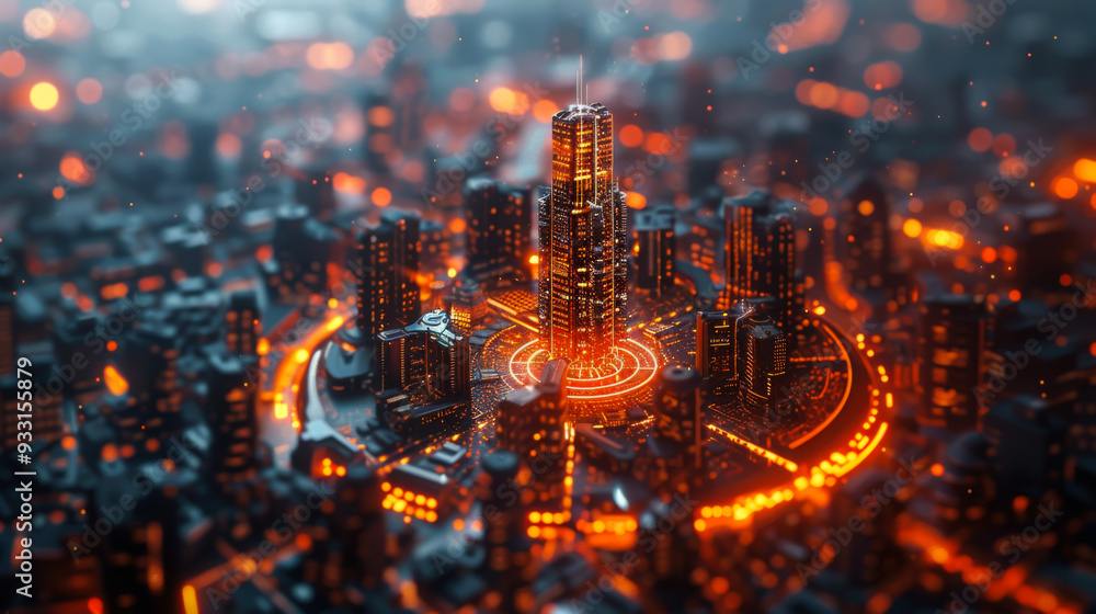 Poster a computer chip with a city on it. the city is lit up with neon lights. the image has a futuristic a