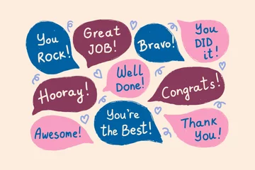 Fototapeten Set of speech bubbles with compliments, positive self-talk. Encouraging cute affirmations. Hand written vector compliments. © Natalie Bartush