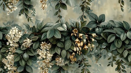 Fototapeta premium Seamless vintage vines wallpaper featuring hand-drawn illustrations of cascading ivy, honeysuckle, and wisteria, soft muted background, natural light, intricate details, seamless design, hd quality.