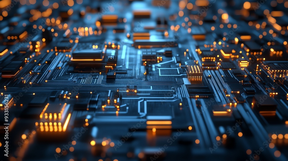 Poster a close-up view of a circuit board with glowing orange lines and blue elements.