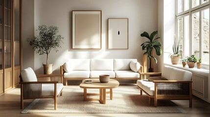 Minimalist living room with white sofa and wooden accents