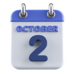 2nd October Calendar Icon 3D Render