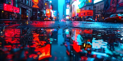 Obraz premium City lights reflecting on puddle.