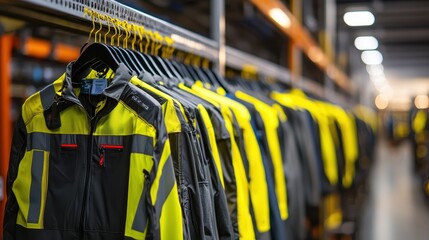Obraz premium High-Visibility Safety Jackets Hanging in Industrial Warehouse with Focus on Bright Yellow Reflective Clothing