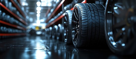 Fototapeta premium Close-up of Car Tires in a Modern Auto Shop with Shiny Floor and Shelves of Tires in Background