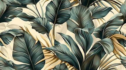 Seamless wallpaper design of tropical foliage, including detailed illustrations of palm leaves, monstera, and banana plants, soft earthy tones, vintage style, lush and vibrant, hand-drawn,