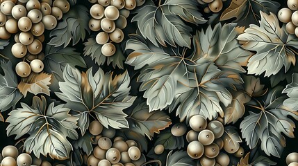 Fototapeta premium Seamless wallpaper design of vineyard elements, including detailed illustrations of grapevines, olive branches, and figs, soft earthy tones, rustic style, Mediterranean warmth, hand-drawn,