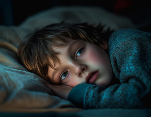A young boy with brown hair and blue eyes, covered by a blanket in pajamas, lies restlessly in bed at night in a dimly lit room.