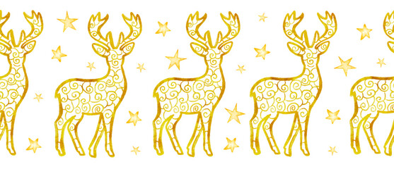 Watercolor Christmas seamless edging bordure with gold deer, new year golden ribbon design