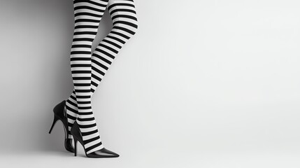 Black and white striped tights with black shoes in a beam of sunlight.