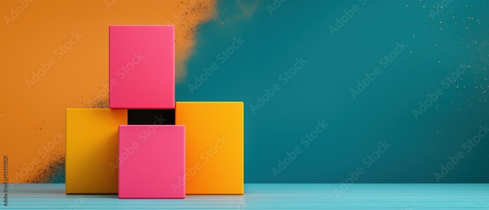 Poster pink and yellow rectangular blocks arranged creatively against a split orange and teal background wi