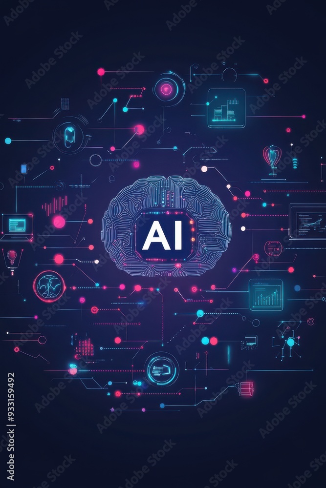 Poster digital illustration of an ai brain surrounded by futuristic data and technology symbols representin