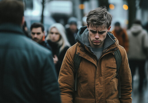 A young man, head bowed and frowning in sadness, walks down the street with a shoulder bag. He wears an outdoor jacket over a grey sweater, and people pass by in the background.