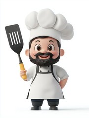 A friendly chef character with a big smile, holding a spatula and wearing a white apron, perfect for any culinary or cooking-themed design.