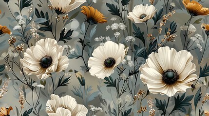 Seamless wallpaper design of vintage botanical illustrations featuring wildflowers like daisies, poppies, and lavender, set against a soft, muted pastel background, intricate details, gentle shadows,