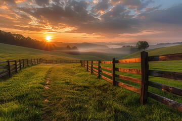 Obraz premium Picturesque landscape of a fenced ranch at sunrise, golden light illuminating rolling hills, wooden fence stretching into the horizon, vibrant sky, morning mist.