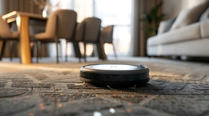 Fototapeta premium Closeup of a robot vacuum device clearing particles from an updated eating space carpet