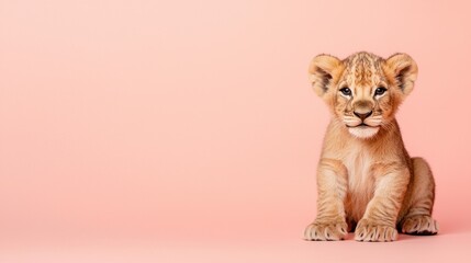 3D lion cub playing on a pastel peach paper background, dynamic pose with realistic fur and light effects, 3D animal, playful innocence