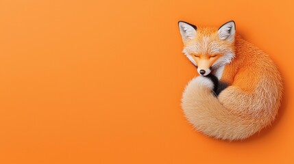 3D fox curled up on a pastel orange paper background, intricate fur details with soft shading, 3D animal, cozy and calm