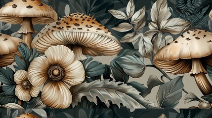 Seamless wallpaper design of woodland wonders, including detailed illustrations of mushrooms, ferns, and forest flowers, soft earthy tones, vintage style, whimsical and enchanting, hand-drawn,
