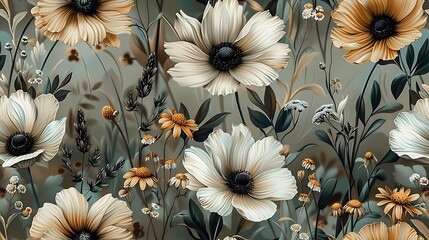 Seamless wildflower wallpaper featuring hand-drawn daisies, poppies, and lavender, vintage botanical style, soft pastel background, gentle shadows, natural lighting, hd quality, intricate details,