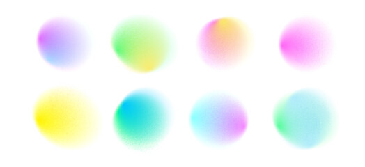 Set color circle gradient noise gradation. Abstract colorful watercolor blur mesh shape on white background. Gradient aura, grain neon blob with noise effect vector illustration.