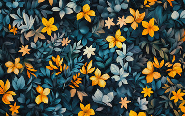 Obraz premium A vibrant pattern of overlapping leaves and flowers in shades of yellow, blue, and green.