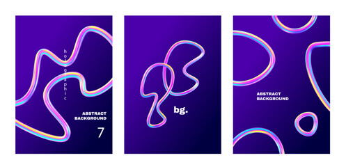 3d chrome holographic spiral template. Silver metal curve element on violet gradient background. Y2k fluid wave, flow swirl, 3d path. Dynamic line shapes. Set vector trend 3d illustration