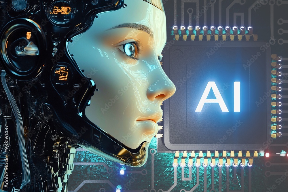 Poster ai awakening. a hyperrealistic portrait of an android with piercing blue eyes, juxtaposed against a 