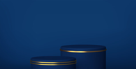 Blue navy studio wall with step podium. 3d pedestal abstract backdrop for product presentation. Minimal wall scene. Showcase, promotion display. Vector stage mockup illustration