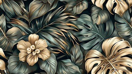 Tropical escape seamless wallpaper design, with hand-drawn vintage illustrations of palm leaves, monstera, and banana plants, deep green color palette, natural boho backdrop, intricate details,