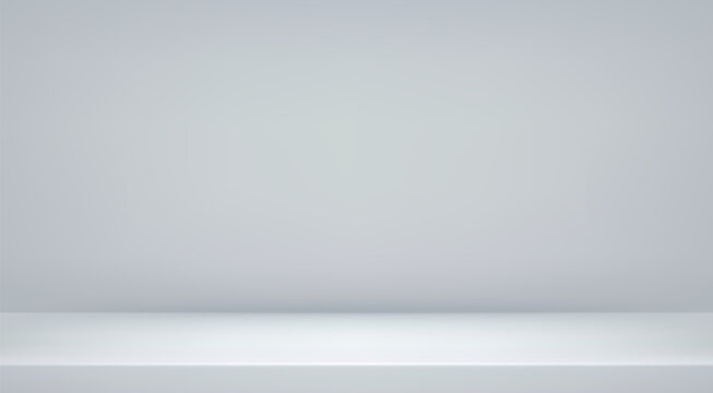 White grey studio room. Limbo light background. Abstract 3d backdrop for product presentation. Minimal wall scene. Showcase, promotion display. Vector stage mockup illustration