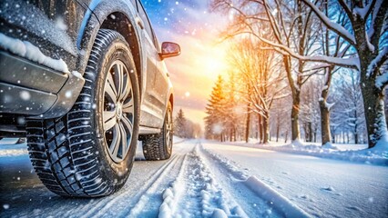 Car tires on winter road covered with snow. Vehicle on snowy alley in the morning at snowfall
