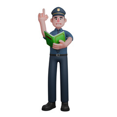 3D Male Law Character. A smiling police officer is holding an open green book in his hands while raising his index finger. Police Professional