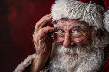 Close-up portrait of friendly Santa Claus adjusting his glasses. Conceptualized for holidays. Warm tones, festive style. Perfect for Christmas cards and ads. Generative AI