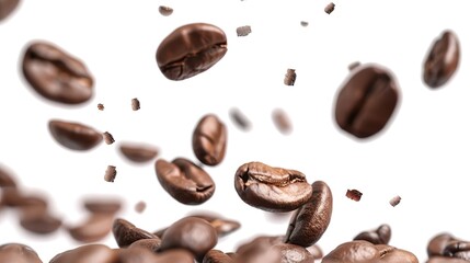 Fototapeta premium Flying and Falling Fresh Coffee Beans on a White Background. Dynamic Scene Capturing Coffee Beans in Mid-Air and Descending, 