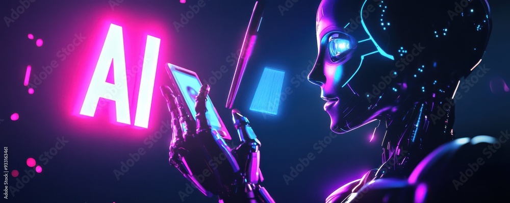 Poster futuristic ai robot interacting with digital device in neon light, symbolizing artificial intelligen